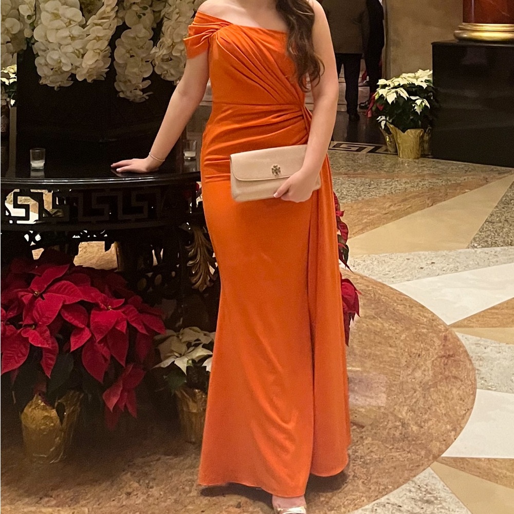 Elegant Orange Off-Shoulder Ruched Dress